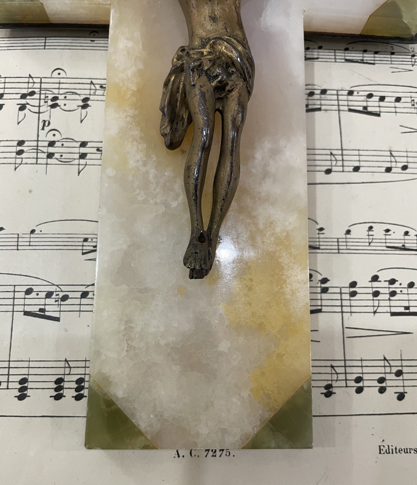 Antique French Green Onyx Holy Water Font Jesus Cross Crucifix c1920