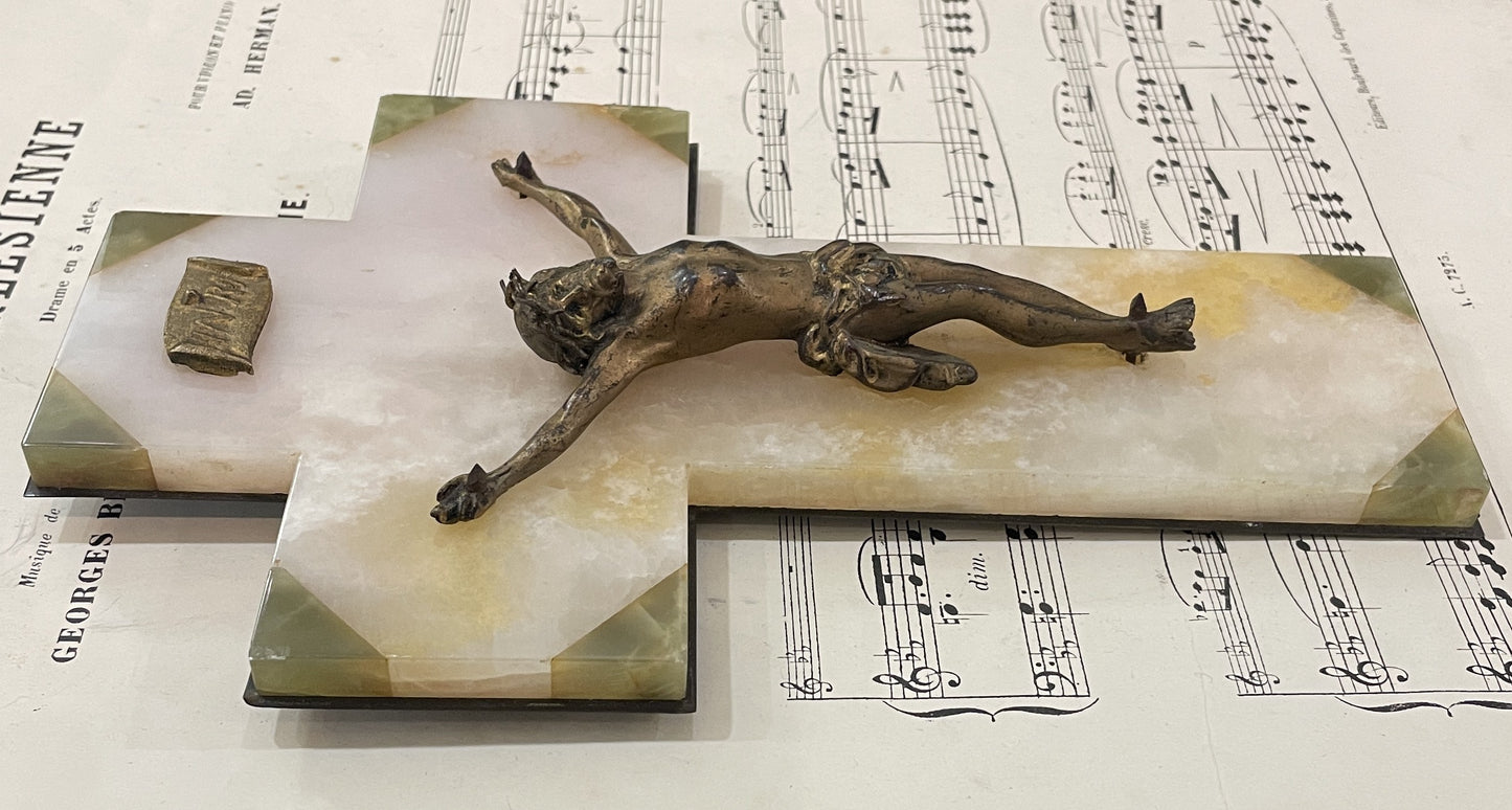 Antique French Green Onyx Holy Water Font Jesus Cross Crucifix c1920