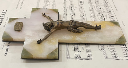 Antique French Green Onyx Holy Water Font Jesus Cross Crucifix c1920