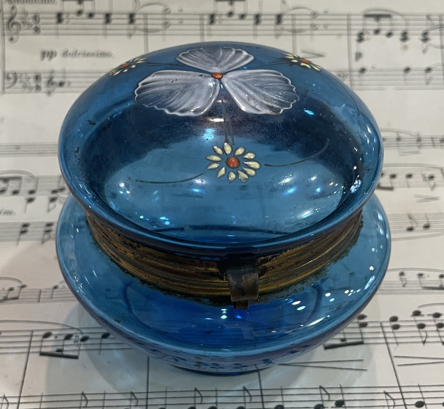 Antique French Gilt Brass Blue Glass Hand Painted Enameled Box Flowers c1900
