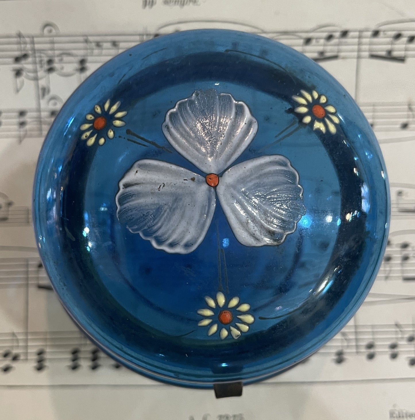 Antique French Gilt Brass Blue Glass Hand Painted Enameled Box Flowers c1900