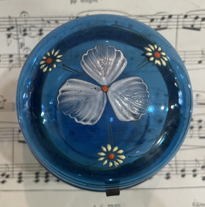 Antique French Gilt Brass Blue Glass Hand Painted Enameled Box Flowers c1900