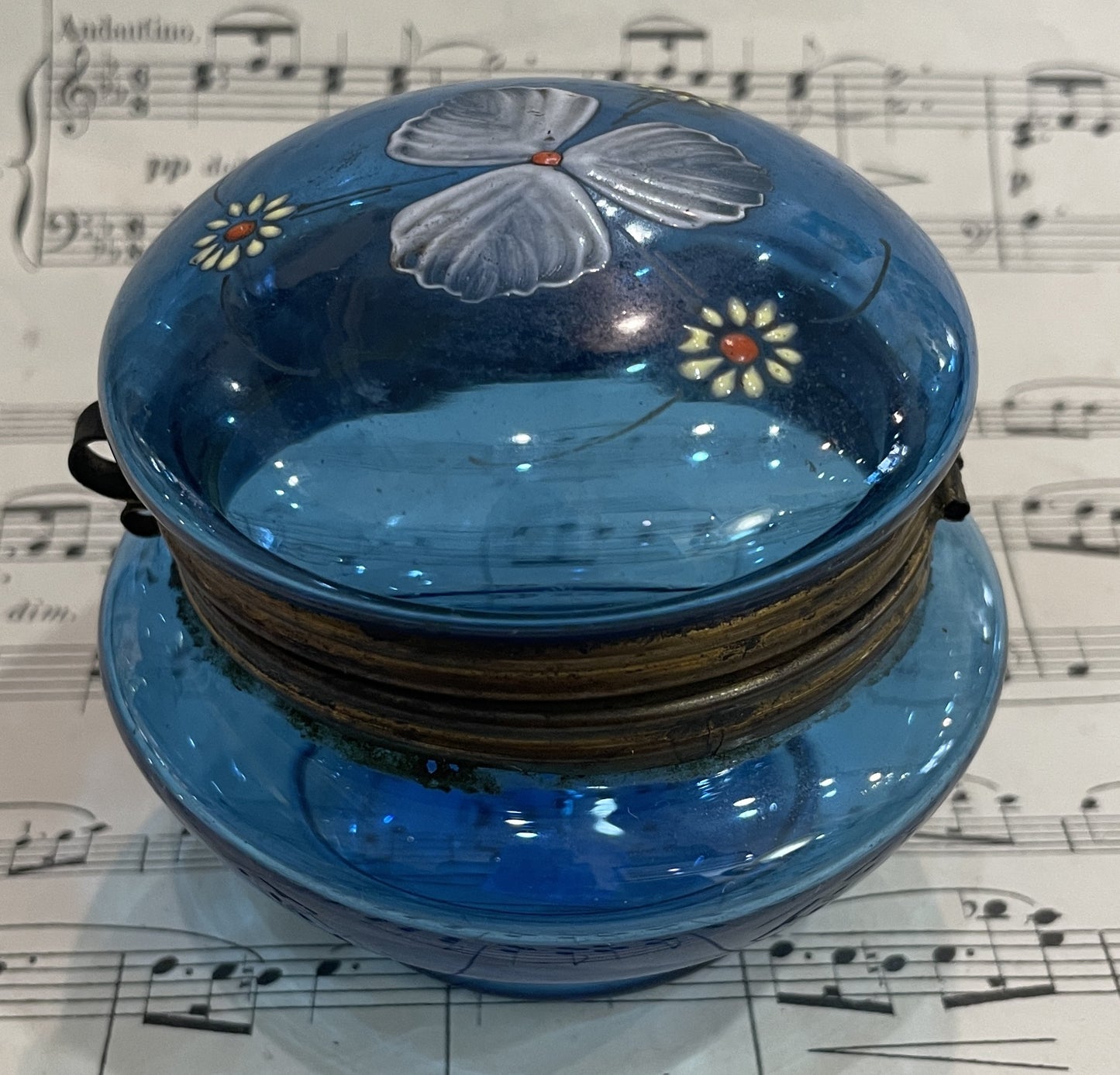 Antique French Gilt Brass Blue Glass Hand Painted Enameled Box Flowers c1900