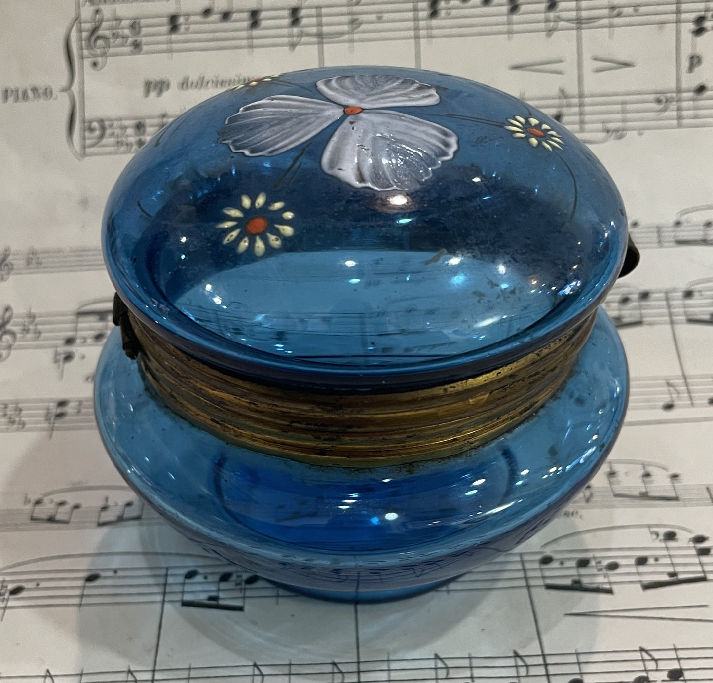 Antique French Gilt Brass Blue Glass Hand Painted Enameled Box Flowers c1900