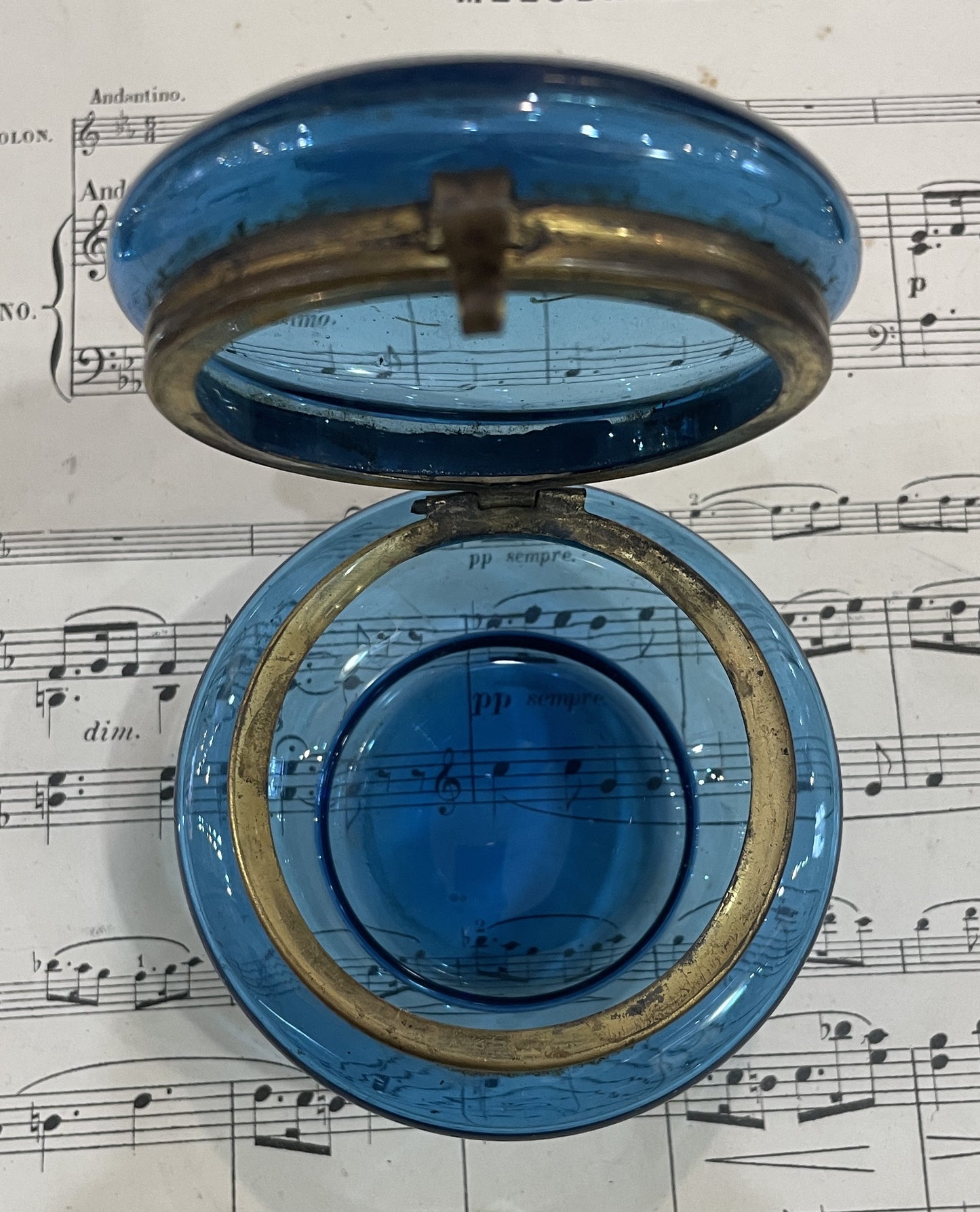 Antique French Gilt Brass Blue Glass Hand Painted Enameled Box Flowers c1900