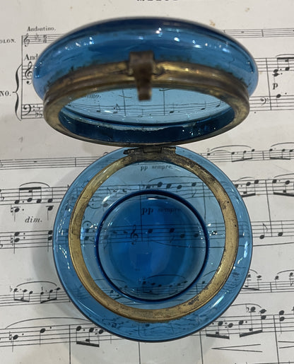 Antique French Gilt Brass Blue Glass Hand Painted Enameled Box Flowers c1900