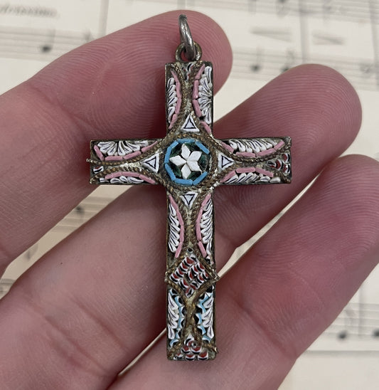 Small Antique Italian Micro Mosaic Micromosaic Cross Crucifix c1920