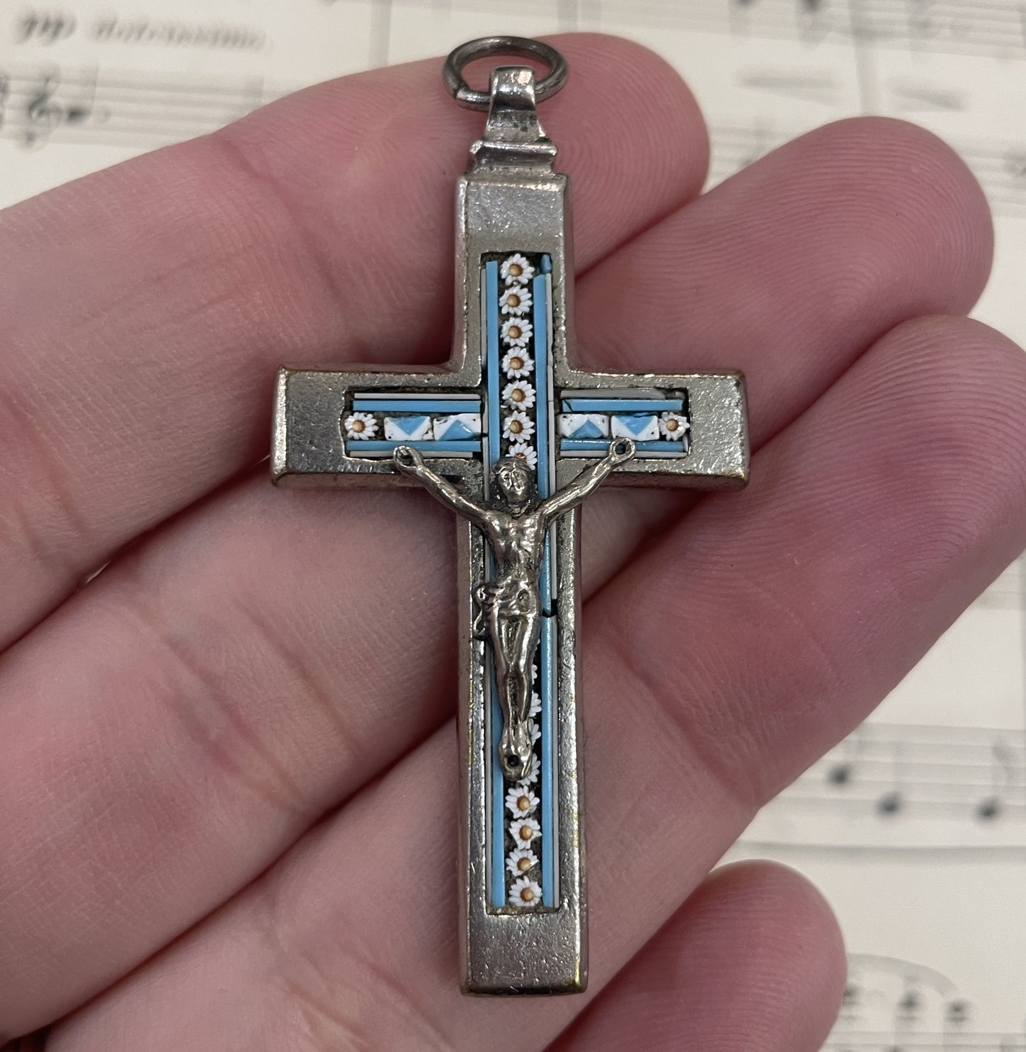 Small Antique Italian Micro Mosaic Micromosaic Cross Crucifix c1920