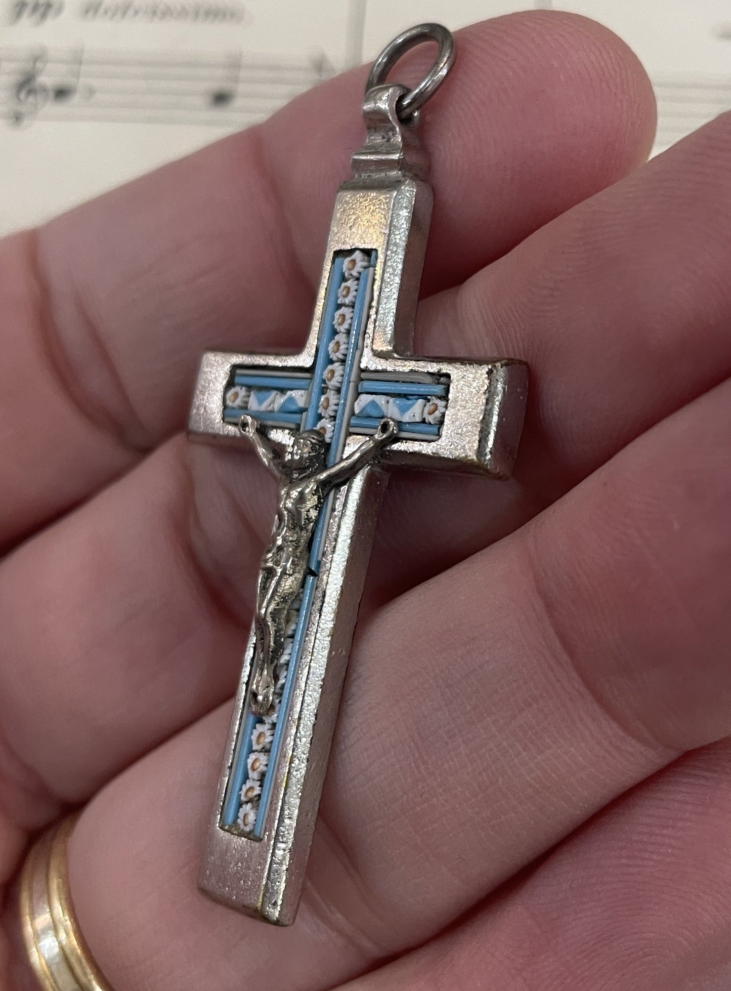 Small Antique Italian Micro Mosaic Micromosaic Cross Crucifix c1920