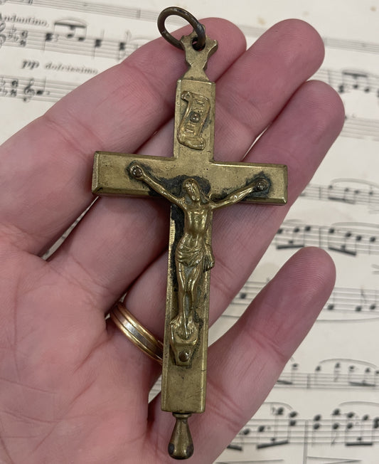 Rare Antique French Bronze Cross Crucifix Opens Reliquary c1880