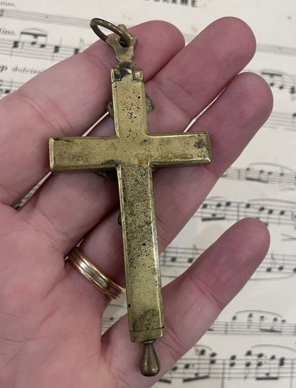 Rare Antique French Bronze Cross Crucifix Opens Reliquary c1880
