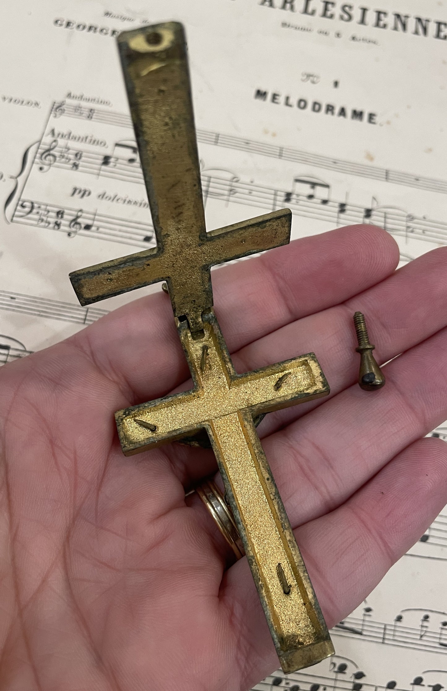 Rare Antique French Bronze Cross Crucifix Opens Reliquary c1880