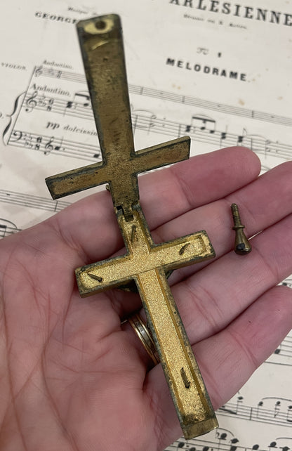 Rare Antique French Bronze Cross Crucifix Opens Reliquary c1880