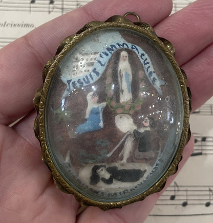 Rare Antique French Carved Plaster Lourdes Miracles St Bernadette Domed Glass Icon c1900