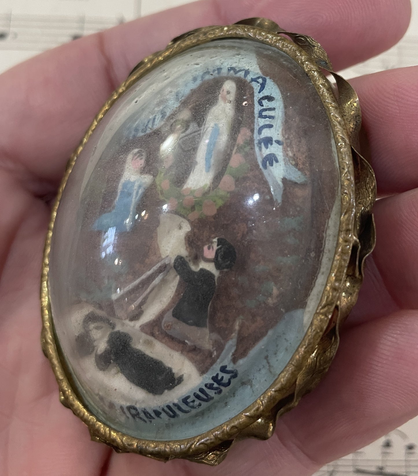 Rare Antique French Carved Plaster Lourdes Miracles St Bernadette Domed Glass Icon c1900