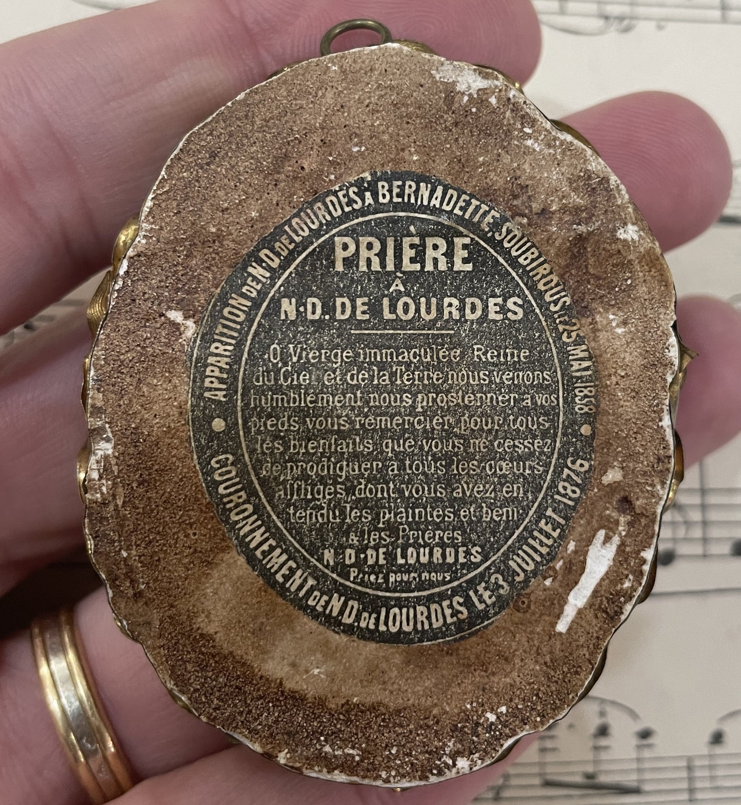 Rare Antique French Carved Plaster Lourdes Miracles St Bernadette Domed Glass Icon c1900