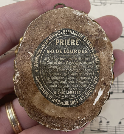 Rare Antique French Carved Plaster Lourdes Miracles St Bernadette Domed Glass Icon c1900