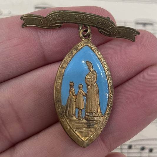 Antique French Our Lady of La Salette Religious Enameled Medal Brooch c1920