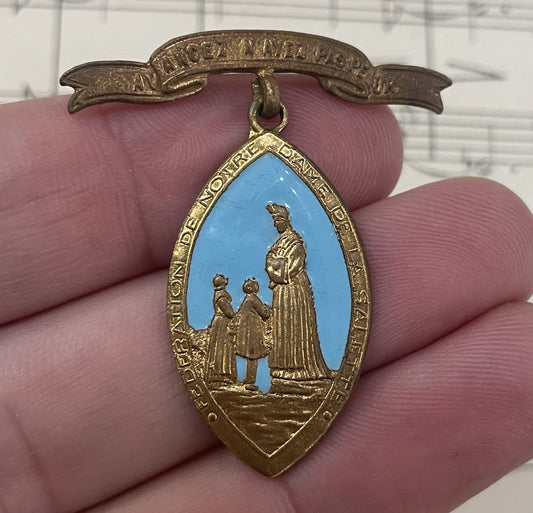 Antique French Our Lady of La Salette Religious Enameled Medal Brooch c1920