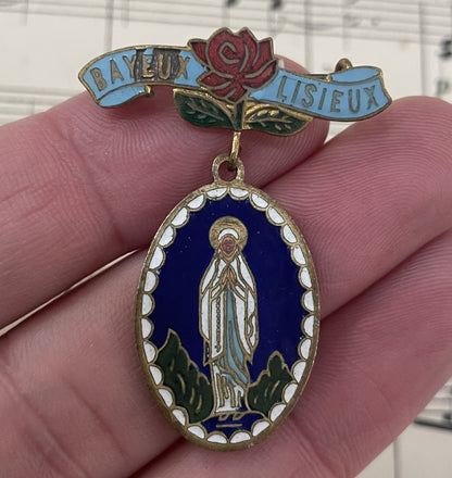 Antique French St therese of Lisieux Religious Enameled Medal Brooch c1920