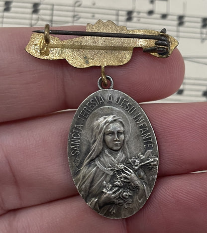 Antique French St therese of Lisieux Religious Enameled Medal Brooch c1920
