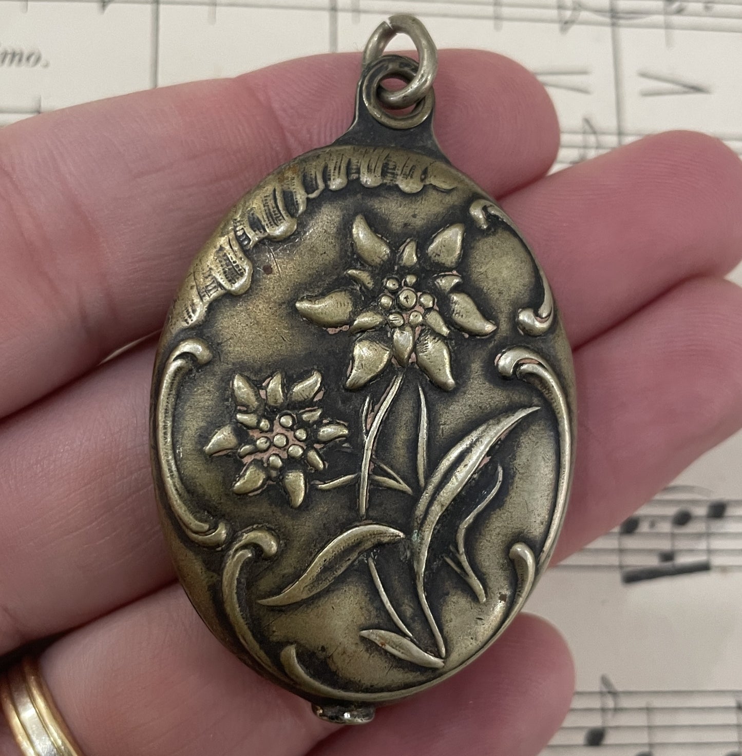 Rare Antique French Art Nouveau Edelweiss Flower Sliding Mirror Pendant c1900