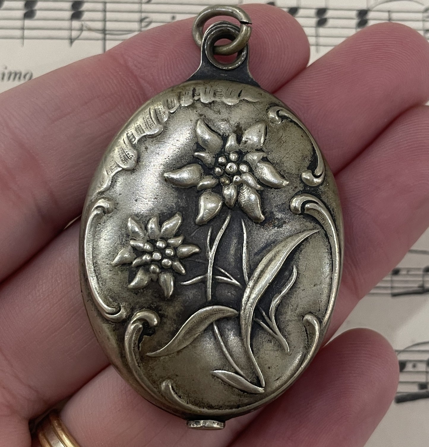 Rare Antique French Art Nouveau Edelweiss Flower Sliding Mirror Pendant c1900