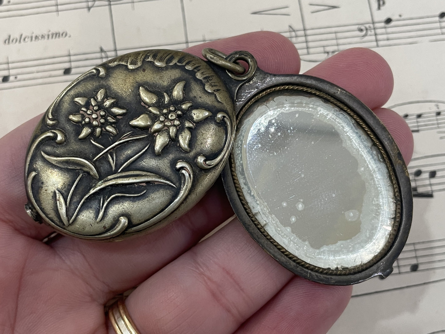 Rare Antique French Art Nouveau Edelweiss Flower Sliding Mirror Pendant c1900