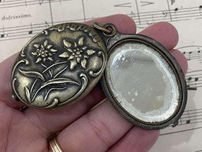 Rare Antique French Art Nouveau Edelweiss Flower Sliding Mirror Pendant c1900