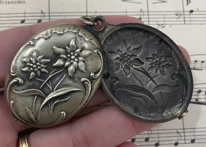 Rare Antique French Art Nouveau Edelweiss Flower Sliding Mirror Pendant c1900