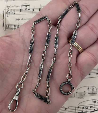 Rare Antique French Silver 800 Niello Pocket Watch Chain Necklace c1900