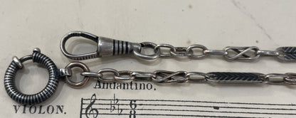 Rare Antique French Silver 800 Niello Pocket Watch Chain Necklace c1900