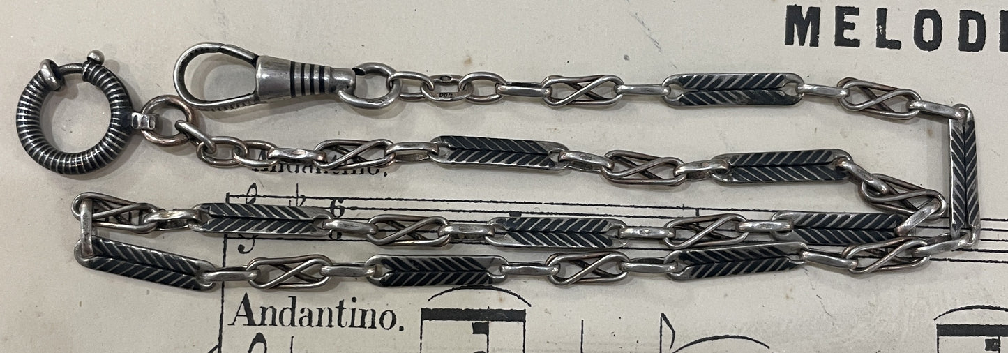 Rare Antique French Silver 800 Niello Pocket Watch Chain Necklace c1900