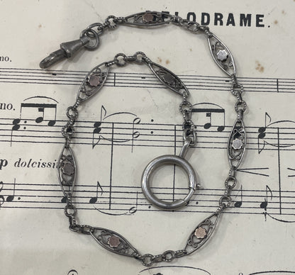 Antique French Sterling Silver Pocket Watch Chain with Gold Plated Dots c1900