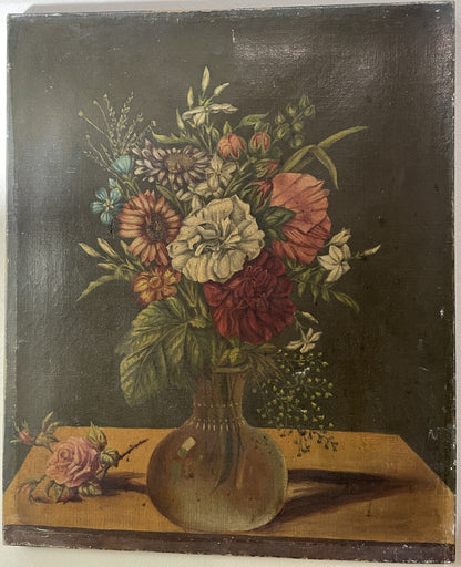 Antique French Oil on Canvas Flower Still Life c1880
