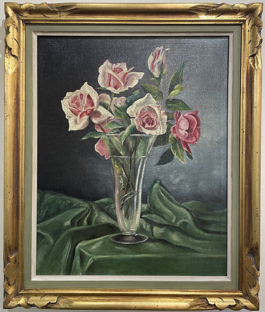 Antique French Oil on Canvas Flower Roses Still Life c1920