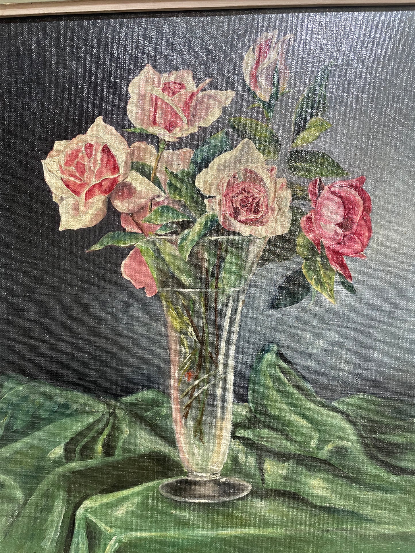 Antique French Oil on Canvas Flower Roses Still Life c1920