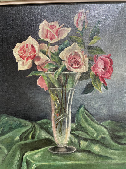 Antique French Oil on Canvas Flower Roses Still Life c1920