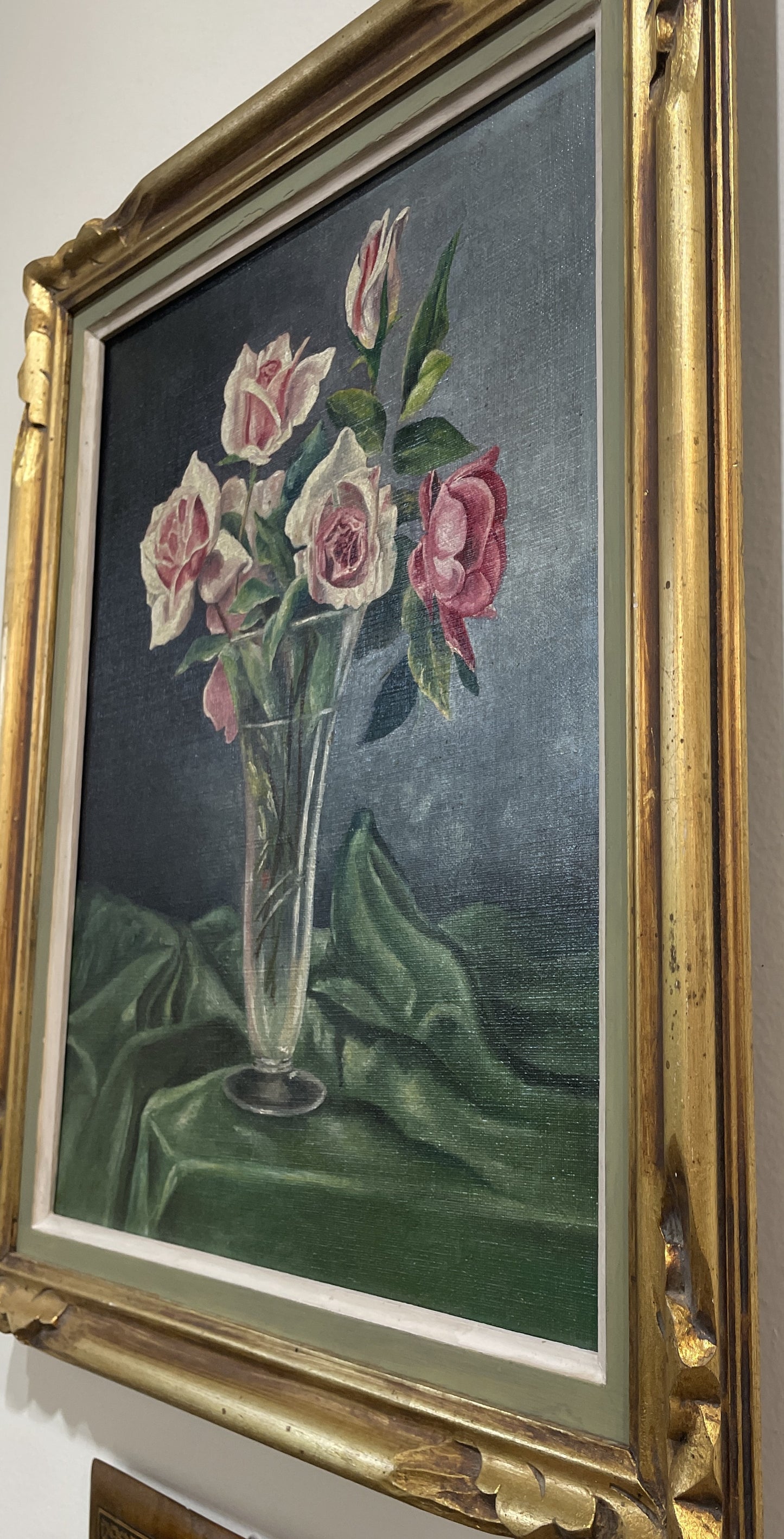 Antique French Oil on Canvas Flower Roses Still Life c1920