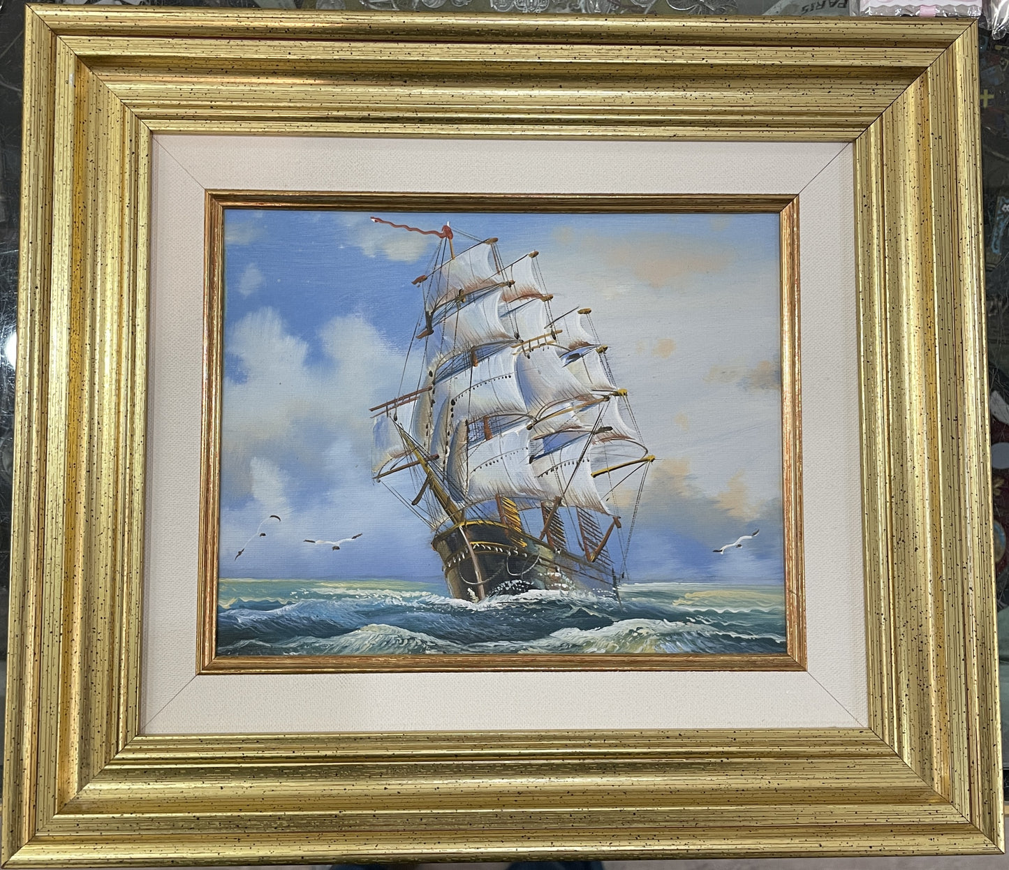 Vintage French Oil on Canvas Marine Boat c1980