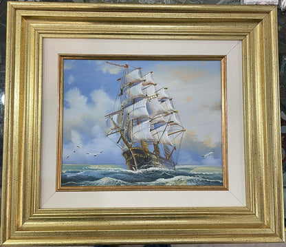 Vintage French Oil on Canvas Marine Boat c1980