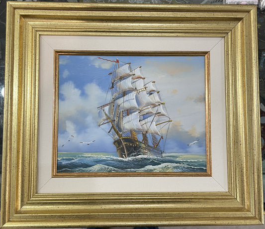 Vintage French Oil on Canvas Marine Boat c1980