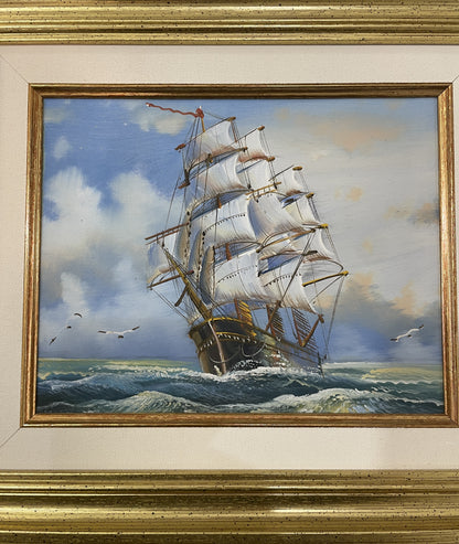 Vintage French Oil on Canvas Marine Boat c1980