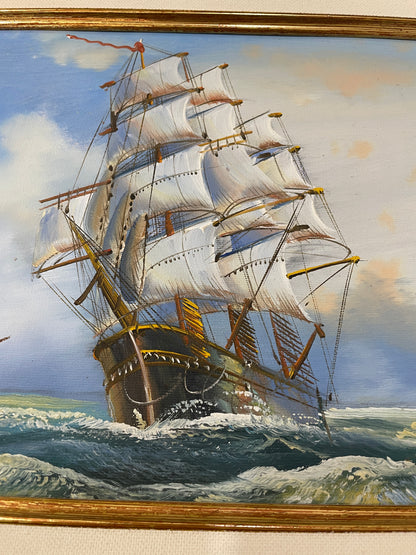 Vintage French Oil on Canvas Marine Boat c1980