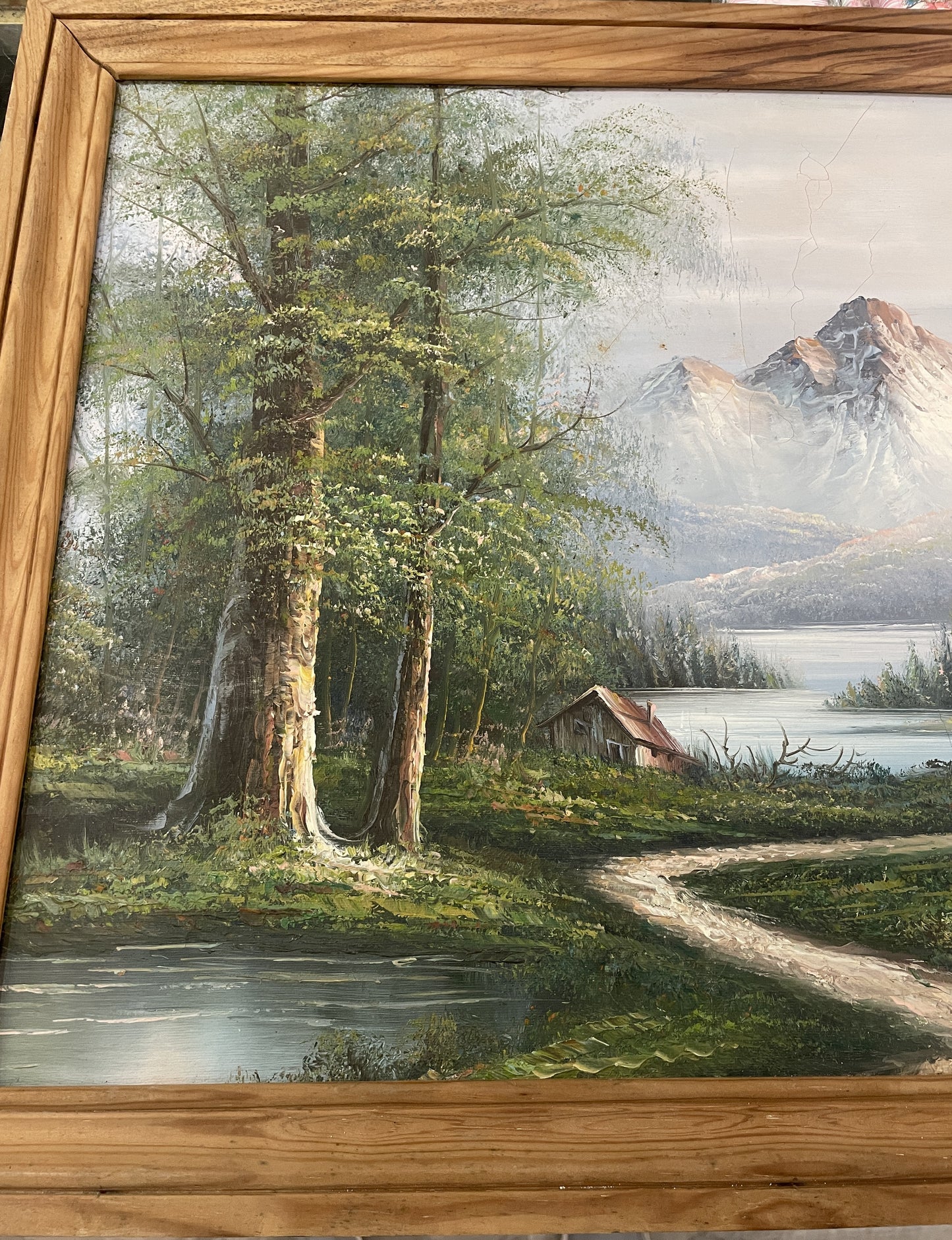 Antique French Oil on Canvas Landscape Mountain River c1920