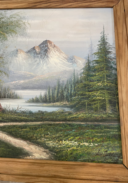 Antique French Oil on Canvas Landscape Mountain River c1920