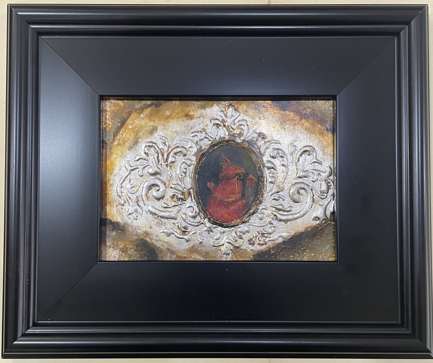The Cardinal Baron - Original Framed Oil and Gold Leaf on Board Painting by Mercurial Muse