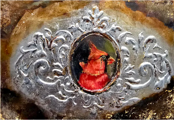 The Cardinal Baron - Original Framed Oil and Gold Leaf on Board Painting by Mercurial Muse