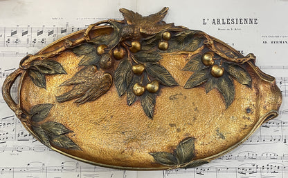 Rare Large Antique French Art Nouveau Bronze Tray Birds Cherries Leaves c1900