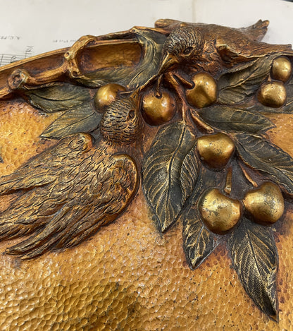Rare Large Antique French Art Nouveau Bronze Tray Birds Cherries Leaves c1900